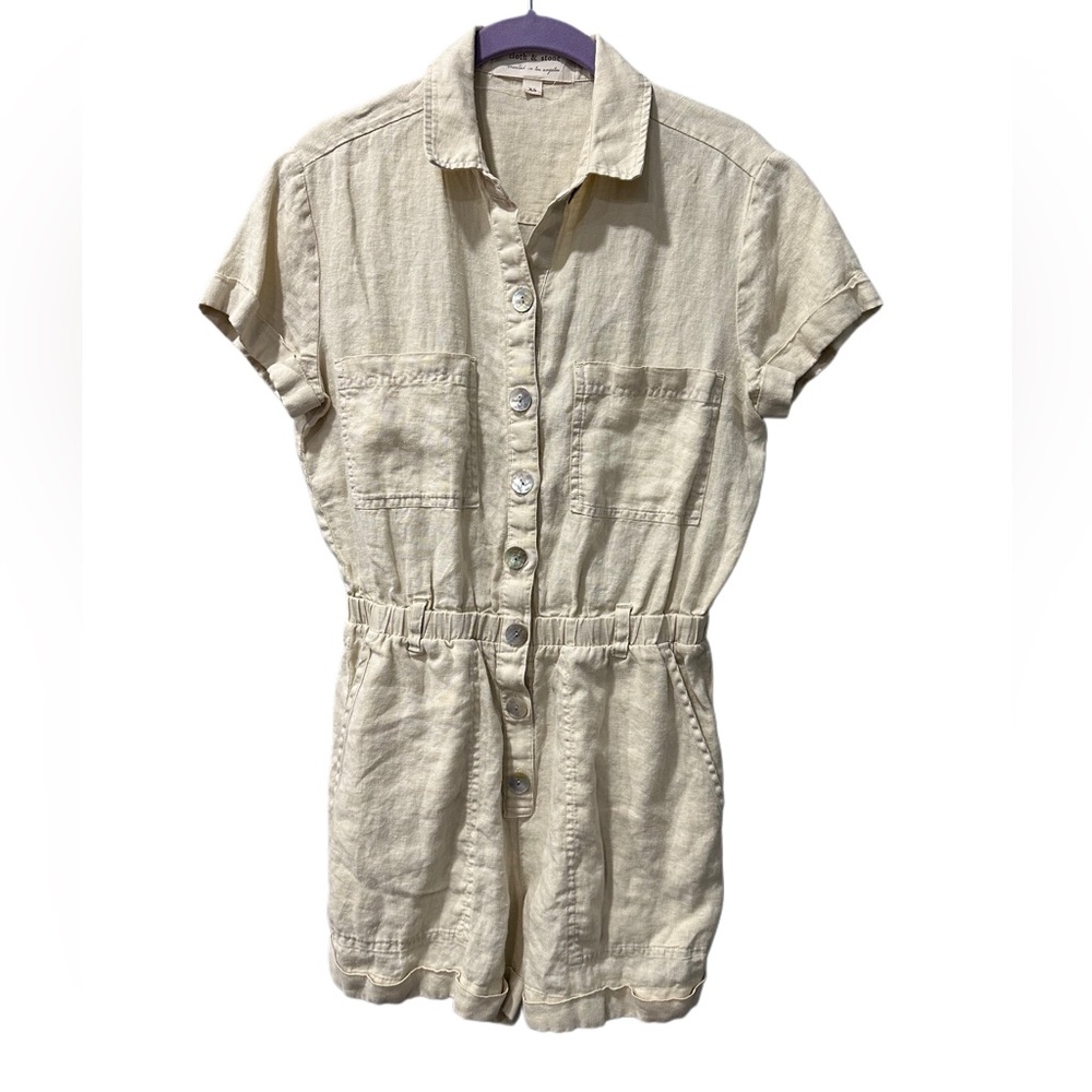 Cloth & Stone Anthropologie Cream Safari Button Down Rolled Hem Linen Romper